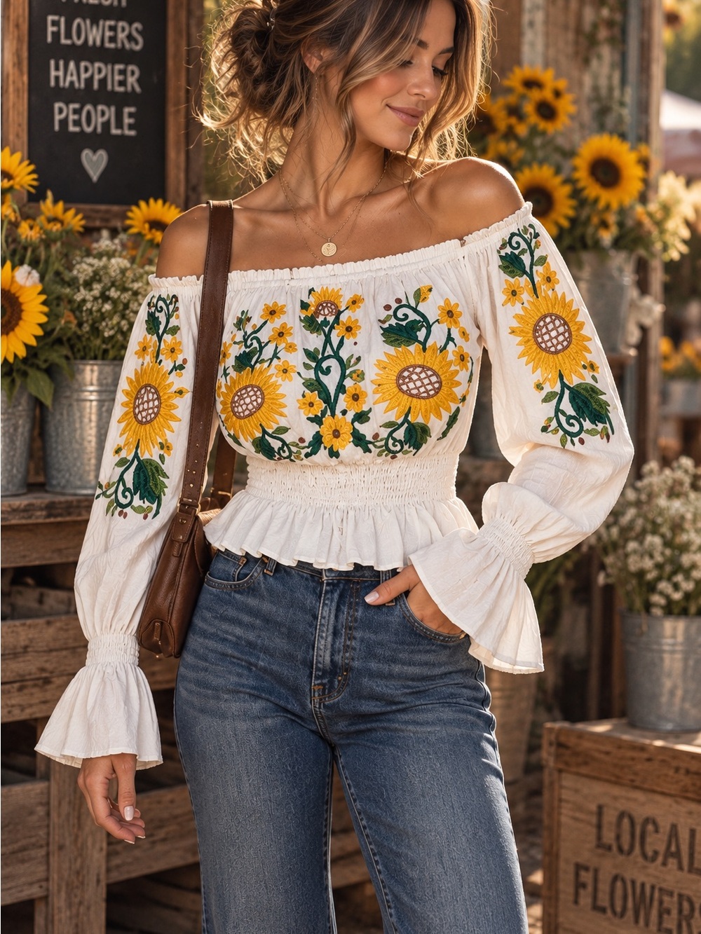 Sunflower Embroidered Peasant Blouse Bell Sleeve Boho Off Shoulder XS